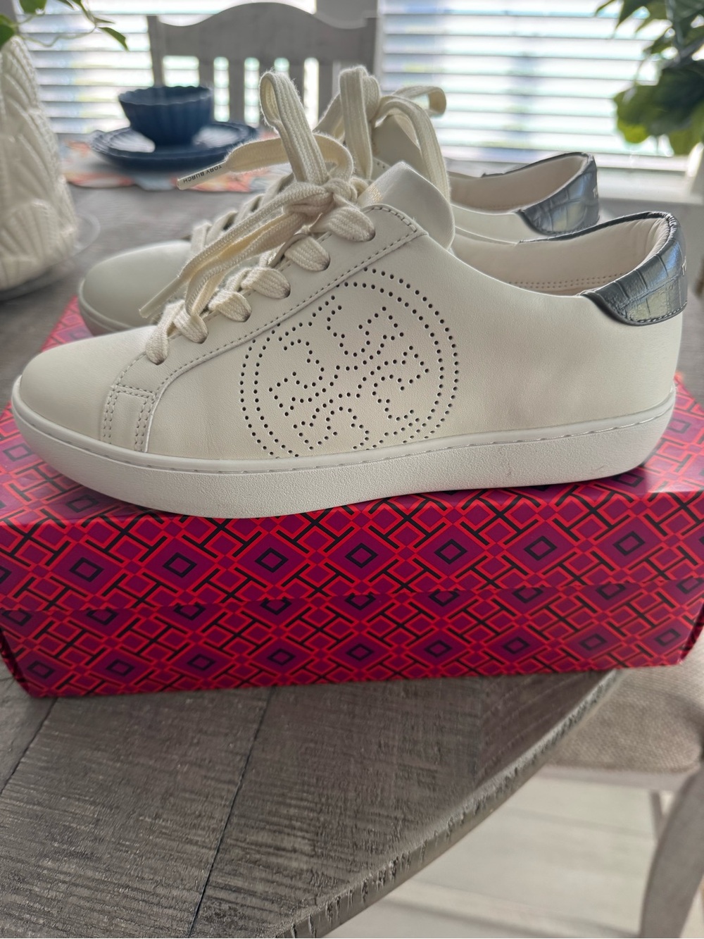 Tory Burch White Perforated Logo Leather Sneaker with Silver Heel Accent - Picture 2 of 7